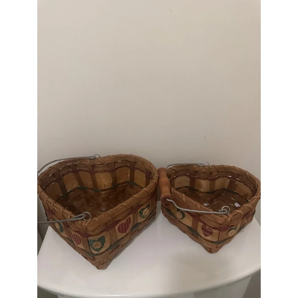 Vintage Heart Shaped Woven Baskets Set of 2 Country Primitive Decor with Handles